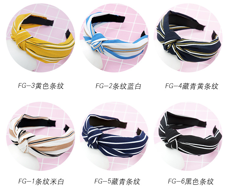 New cloth art wave point hair decoration Korean version of women's solid color cross print tie stripe wide edge bowknot hair hoops