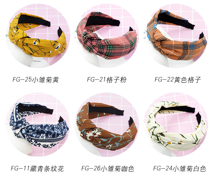 New cloth art wave point hair decoration Korean version of women's solid color cross print tie stripe wide edge bowknot hair hoops