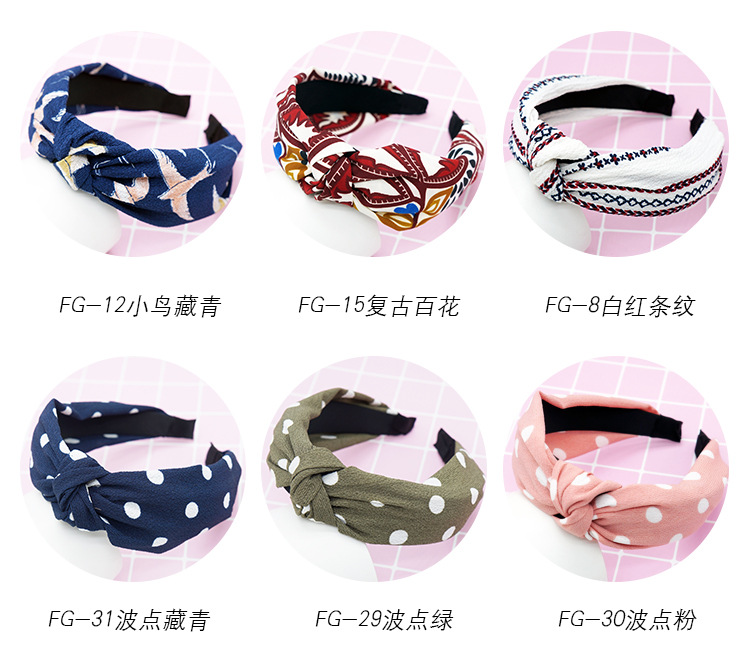 New cloth art wave point hair decoration Korean version of women's solid color cross print tie stripe wide edge bowknot hair hoops