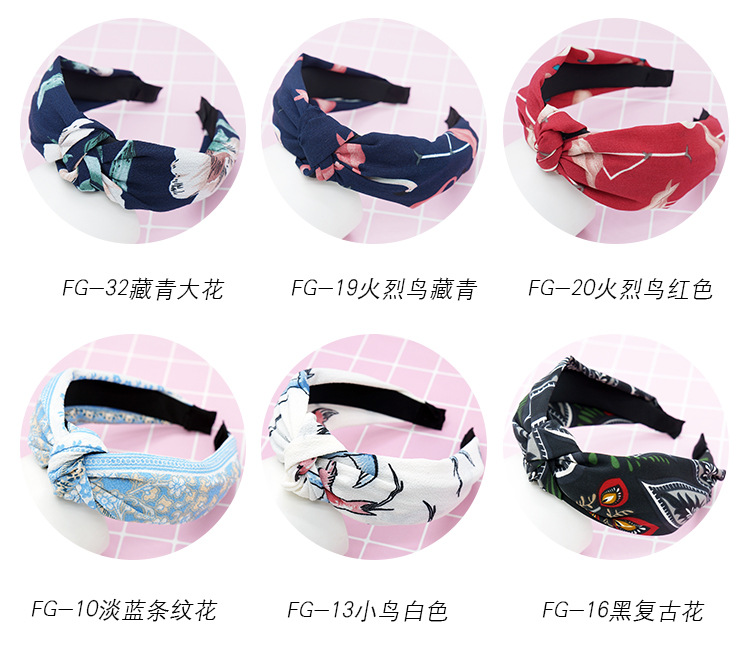 New cloth art wave point hair decoration Korean version of women's solid color cross print tie stripe wide edge bowknot hair hoops