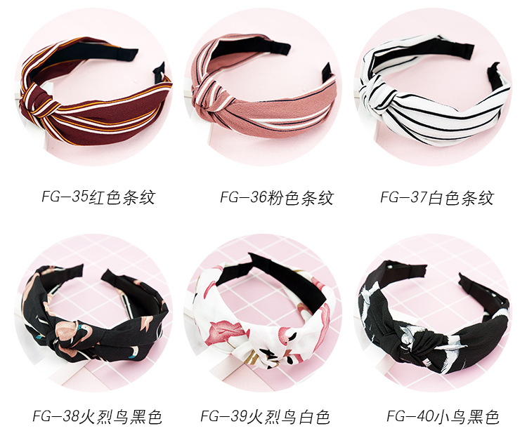 New cloth art wave point hair decoration Korean version of women's solid color cross print tie stripe wide edge bowknot hair hoops