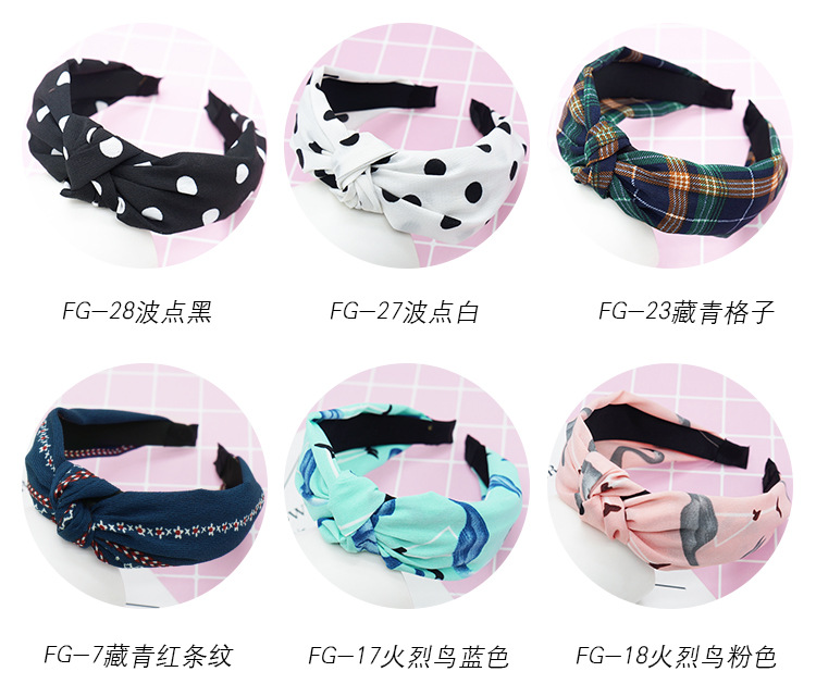 New cloth art wave point hair decoration Korean version of women's solid color cross print tie stripe wide edge bowknot hair hoops