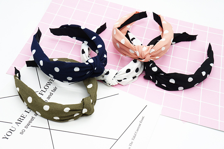 New cloth art wave point hair decoration Korean version of women's solid color cross print tie stripe wide edge bowknot hair hoops
