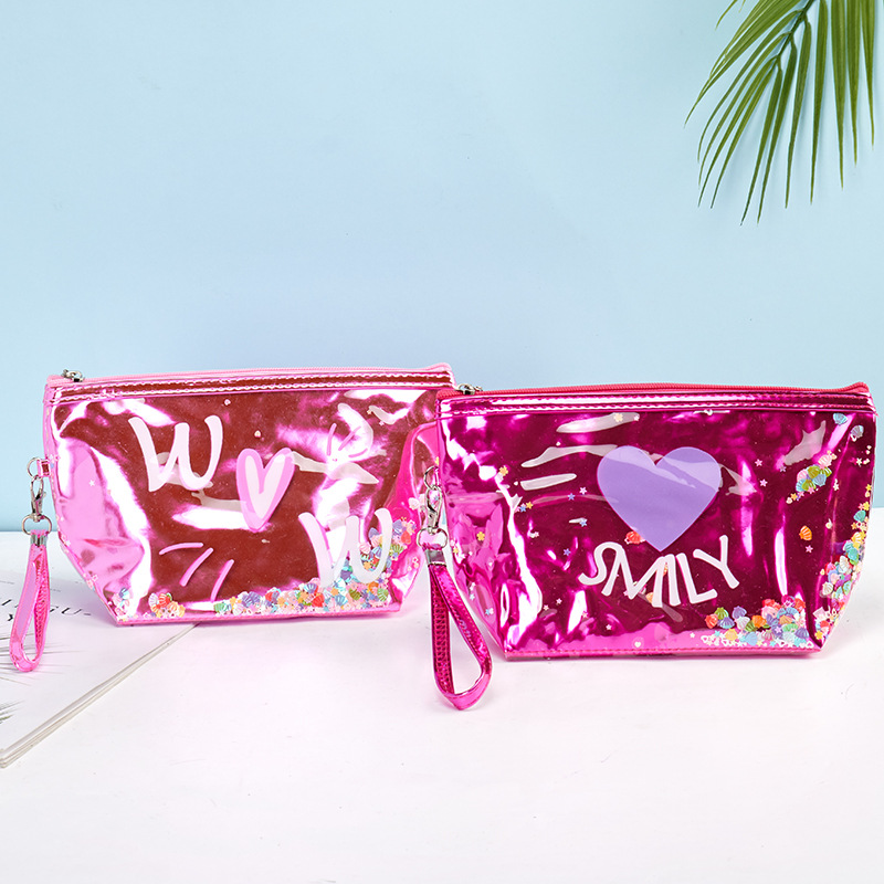 Factory Direct Supply Women&#039;s Love Cosmetic Bag Convenient Travel Wash Buggy Bag PVC Laser Storage Bag Customization