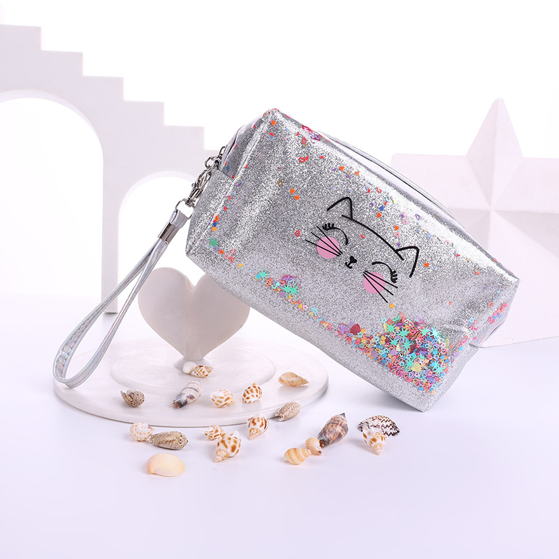 Cross-Border Cat Letter Printing Laser Cosmetic Bag Sequin Stitching PVC Quicksand Cosmetic Bag Logo Storage Bag Cross-Border Cat Letter Printing Laser Cosmetic Bag Sequin Stitching PVC Quicksand Cosmetic Bag Logo Storage Bag