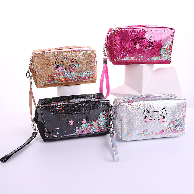 Cross-Border Cat Letter Printing Laser Cosmetic Bag Sequin Stitching PVC Quicksand Cosmetic Bag Logo Storage Bag Cross-Border Cat Letter Printing Laser Cosmetic Bag Sequin Stitching PVC Quicksand Cosmetic Bag Logo Storage Bag
