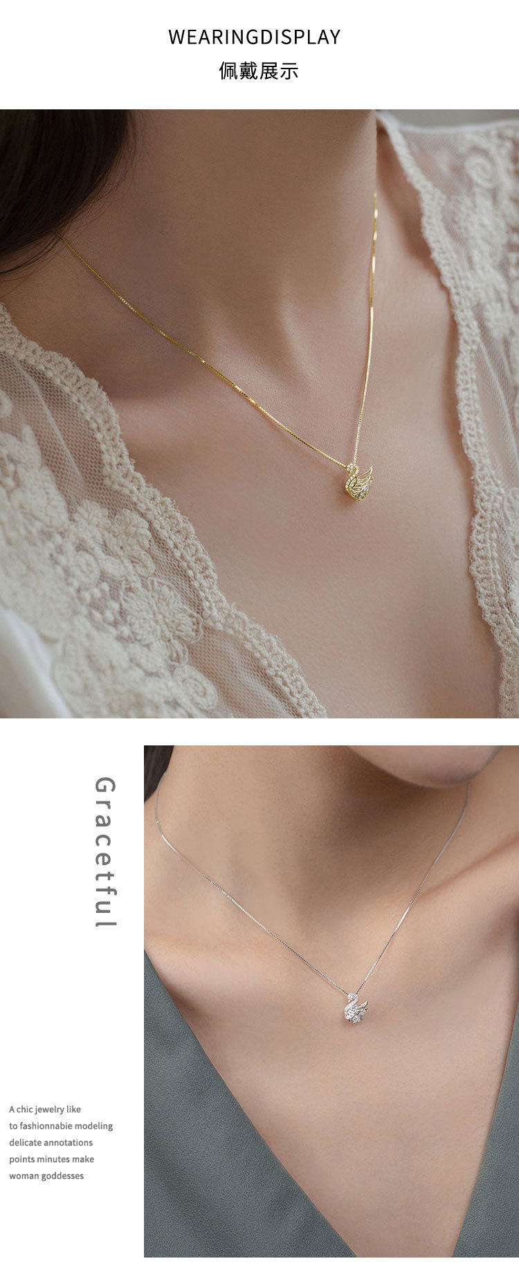 S925 Sterling Silver Necklace Women's All-Match Little Swan Jeweled Pendant Light Luxury Minority Design High-Grade Sweater Chain Autumn and Winter