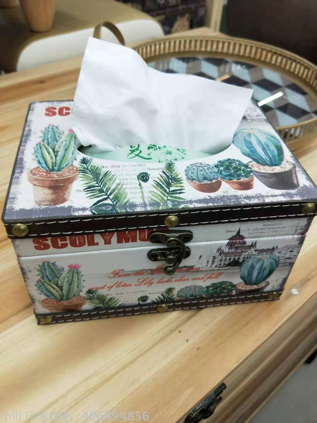 New European and American Pu Density Plate Tissue Box Paper Extraction Box Leather Printed Cactus Tissue Box Wooden Tissue Box Paper Extraction Box