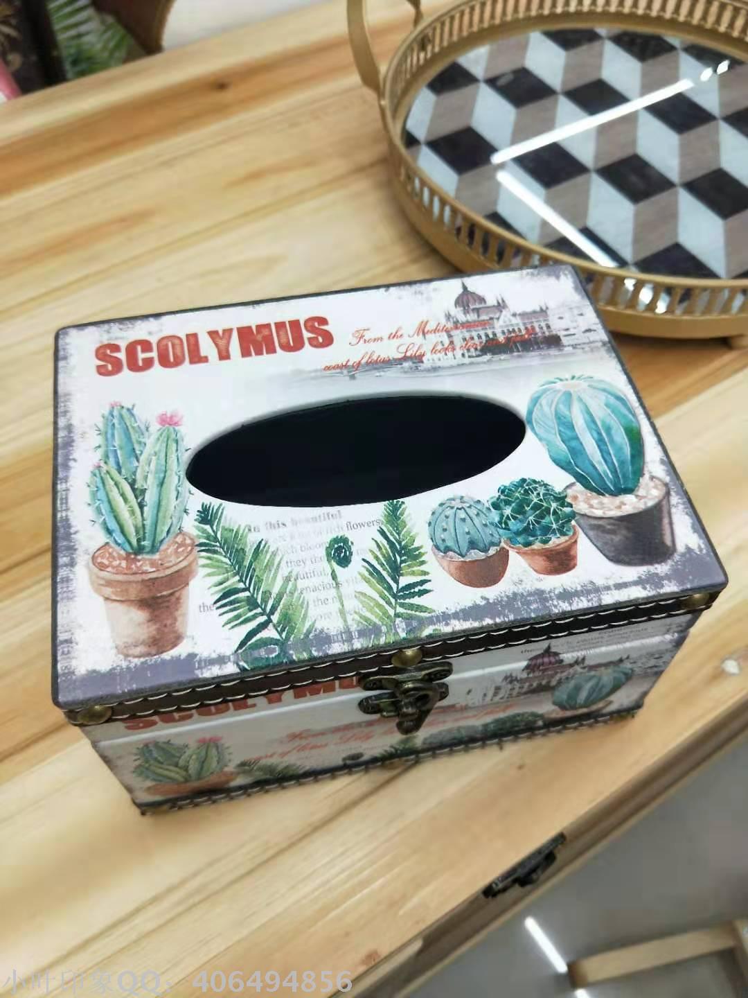New European and American Pu Density Plate Tissue Box Paper Extraction Box Leather Printed Cactus Tissue Box Wooden Tissue Box Paper Extraction Box