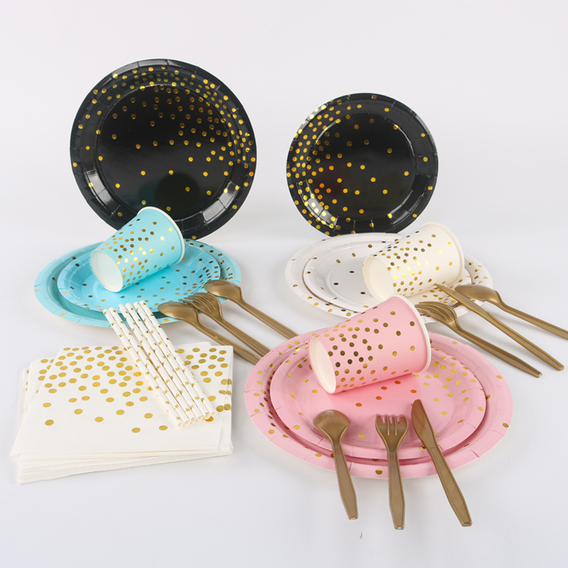 Hot Sale Birthday Party Tableware Set Gold Powder Dot Paper Cup Paper Pallet Disposable Cake Paper Plate