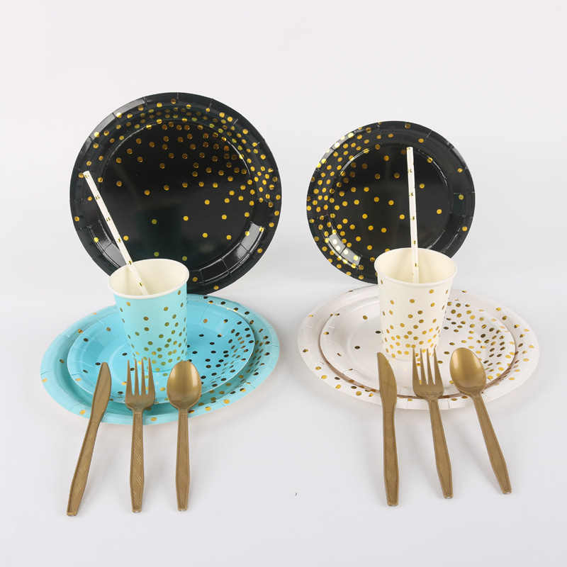 Hot Sale Birthday Party Tableware Set Gold Powder Dot Paper Cup Paper Pallet Disposable Cake Paper Plate