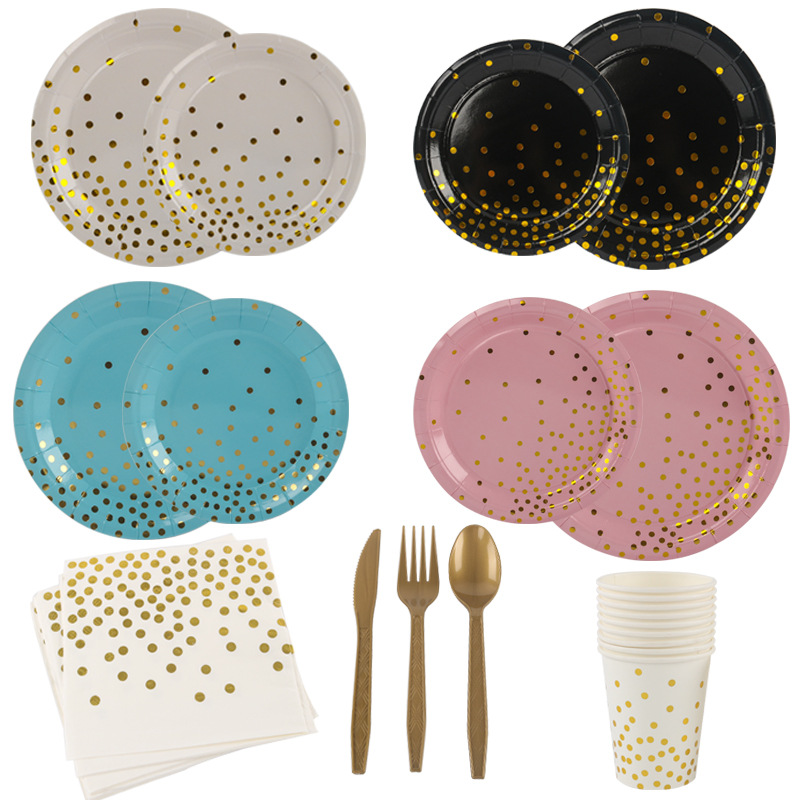 Hot Sale Birthday Party Tableware Set Gold Powder Dot Paper Cup Paper Pallet Disposable Cake Paper Plate Hot Sale Birthday Party Tableware Set Gold Powder Dot Paper Cup Paper Pallet Disposable Cake Paper Plate