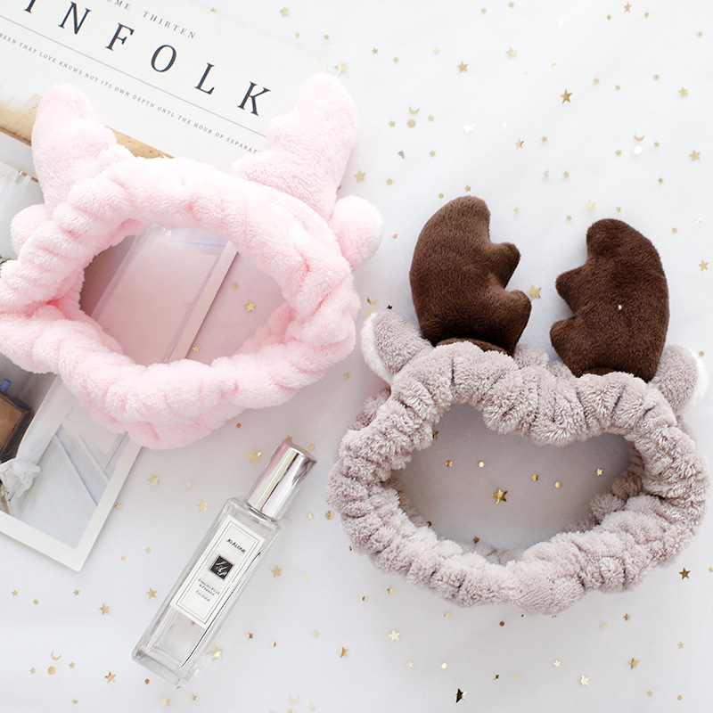girl hair band Korean version of cute plush antler hair band flannel makeup head with facial mask wash band hair band