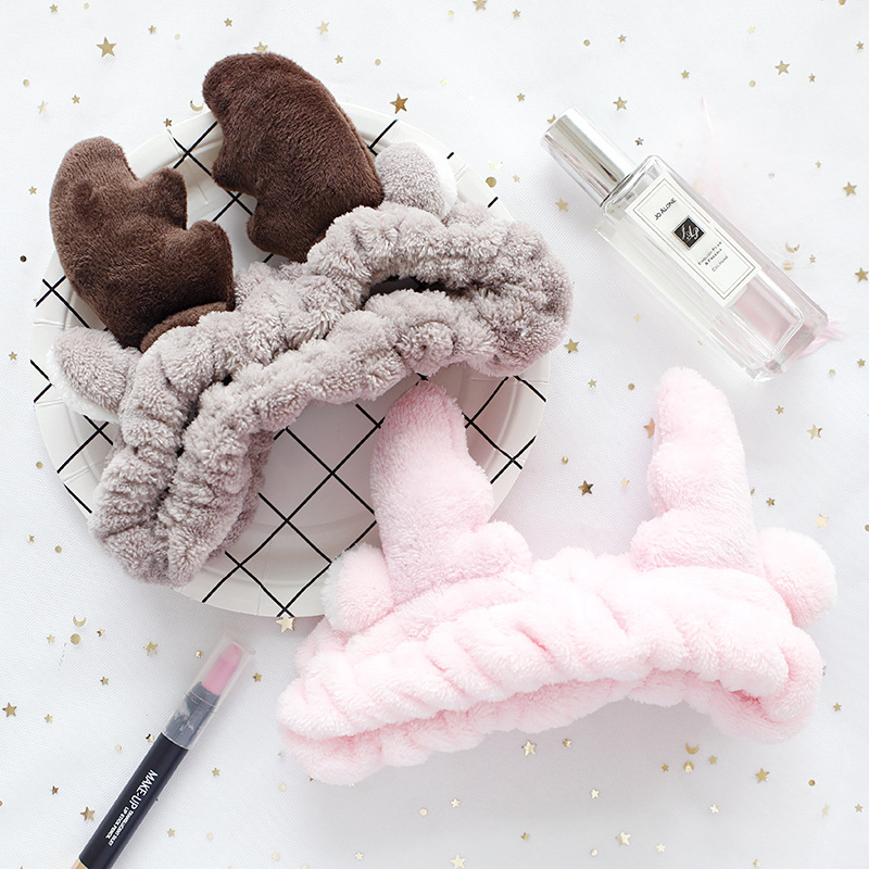 girl hair band Korean version of cute plush antler hair band flannel makeup head with facial mask wash band hair band