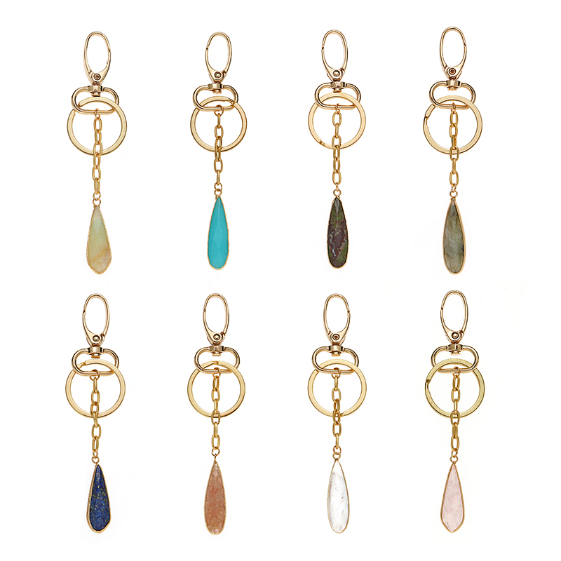 Custom Rectangle Crystal Healing Quartz Stone Pendant Keychain with Leather Tassel