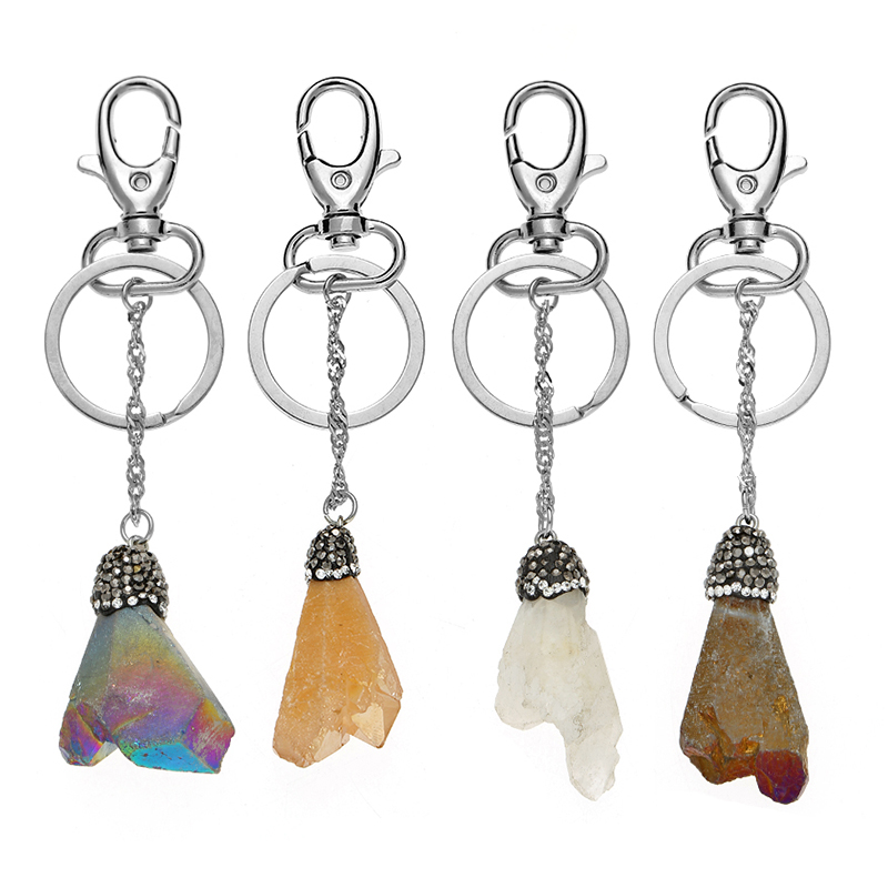 Custom Rectangle Crystal Healing Quartz Stone Pendant Keychain with Leather Tassel