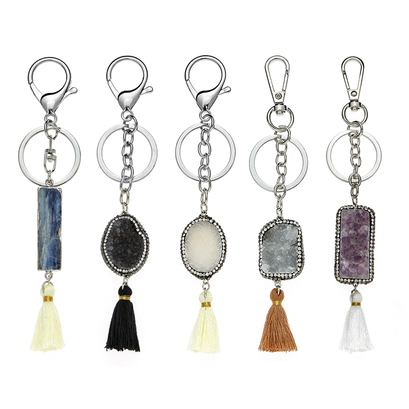 Custom Rectangle Crystal Healing Quartz Stone Pendant Keychain with Leather Tassel