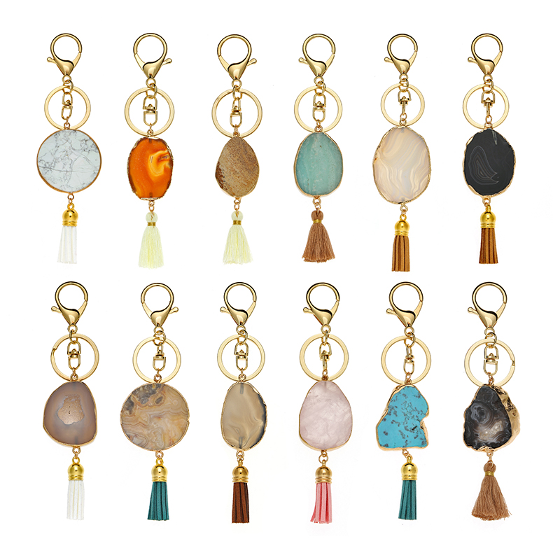 Custom Rectangle Crystal Healing Quartz Stone Pendant Keychain with Leather Tassel