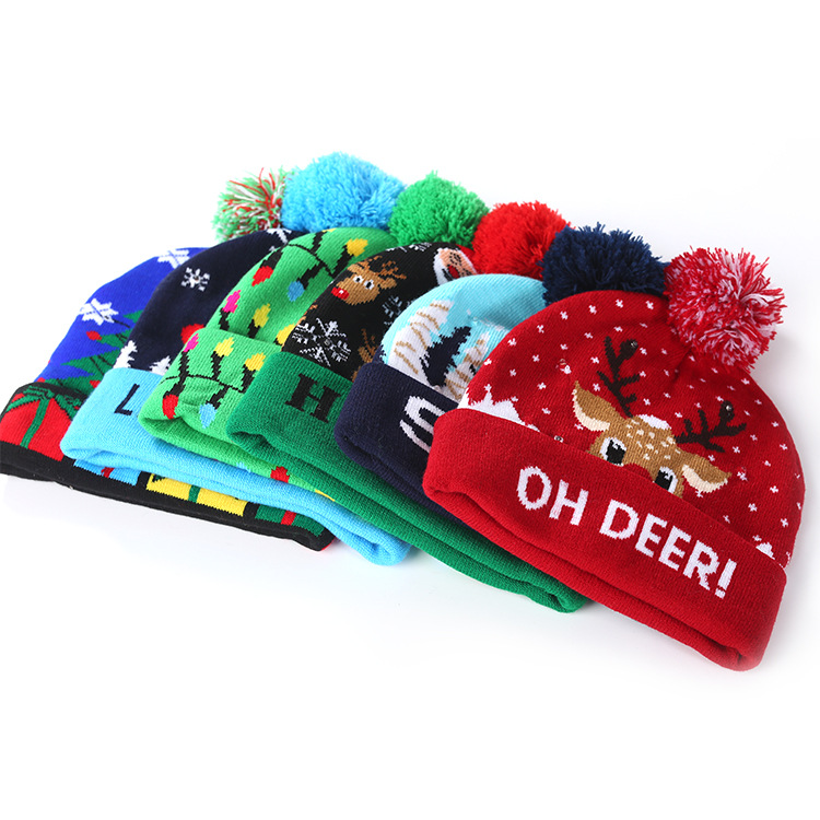Christmas Flanging with Ball Knitted Hat with LED Christmas Hat Colorful Dazzling Light Adult and Children Halloween Decorative Hat