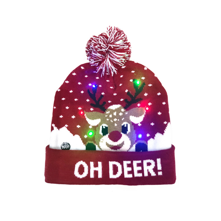Christmas Flanging with Ball Knitted Hat with LED Christmas Hat Colorful Dazzling Light Adult and Children Halloween Decorative Hat