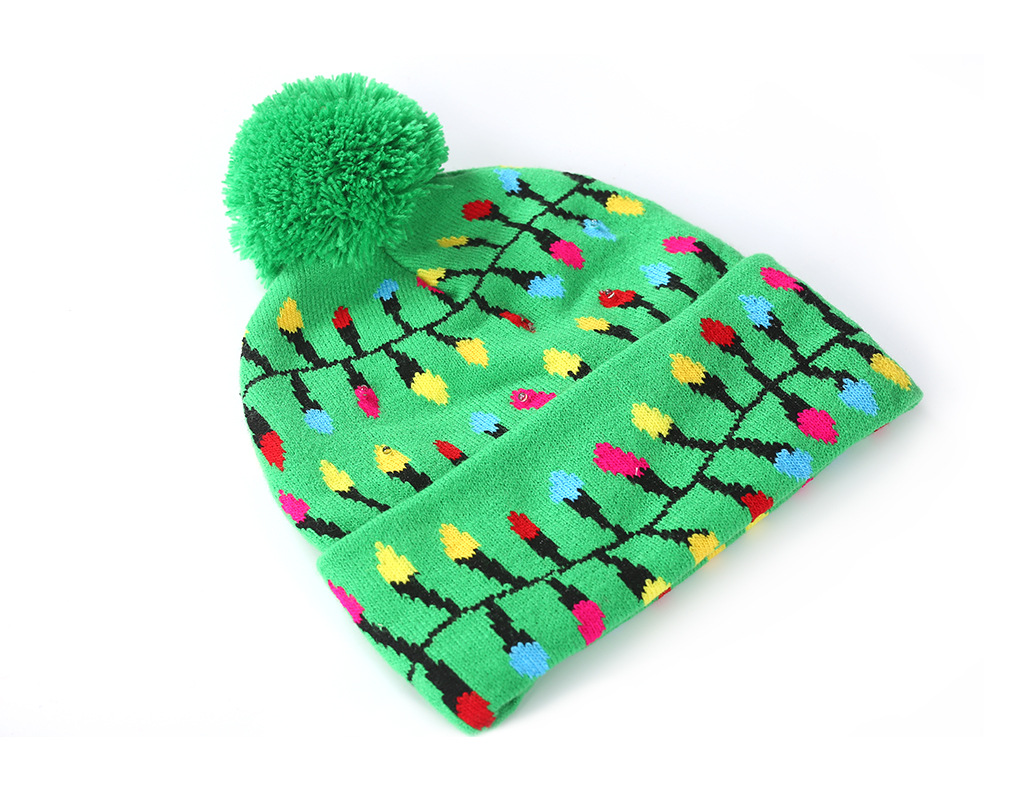 Christmas Flanging with Ball Knitted Hat with LED Christmas Hat Colorful Dazzling Light Adult and Children Halloween Decorative Hat