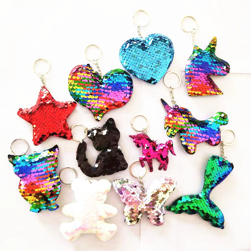Amazon Hot Sale Sequined Unicorn Keychain Cartoon Christmas Car Key Pendant Gifts in Stock Wholesale
