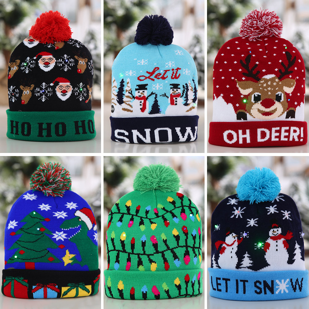 Cross-Border Autumn and Winter Fashion Christmas LED Lights Knitted Hat Colored Lights Party Warm Adult with Ball Hat Wholesale