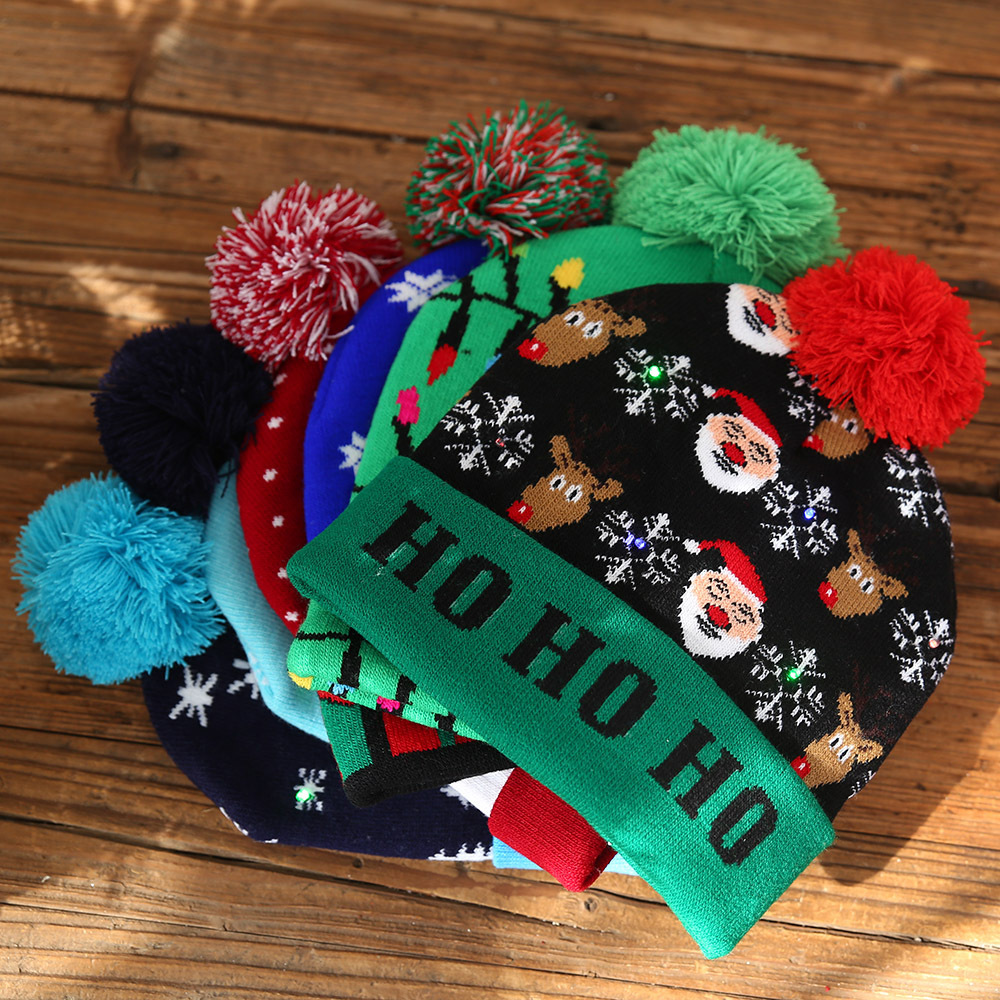 Cross-Border Autumn and Winter Fashion Christmas LED Lights Knitted Hat Colored Lights Party Warm Adult with Ball Hat Wholesale