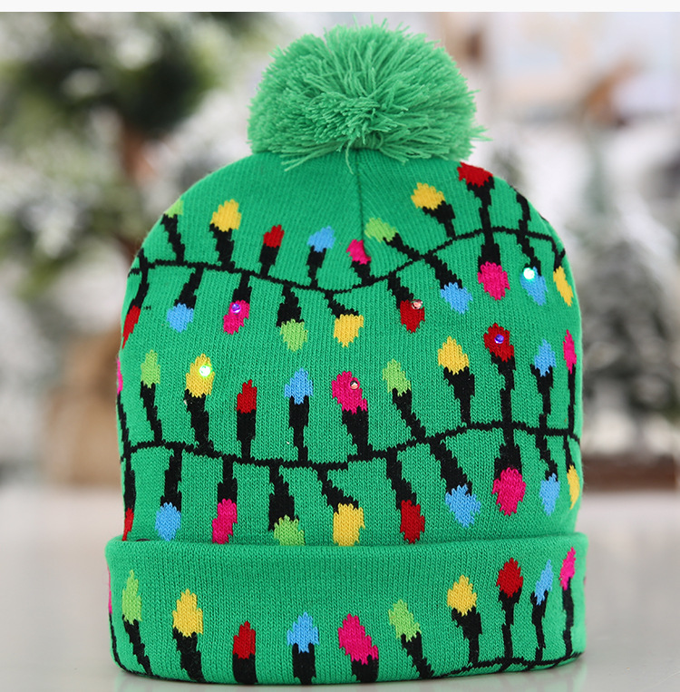 Cross-Border Autumn and Winter Fashion Christmas LED Lights Knitted Hat Colored Lights Party Warm Adult with Ball Hat Wholesale
