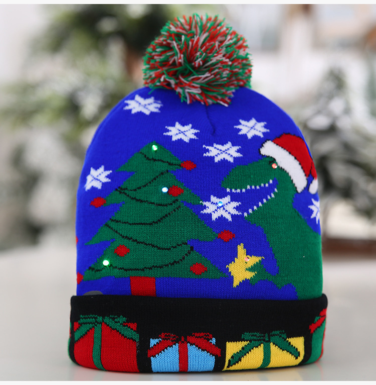 Cross-Border Autumn and Winter Fashion Christmas LED Lights Knitted Hat Colored Lights Party Warm Adult with Ball Hat Wholesale