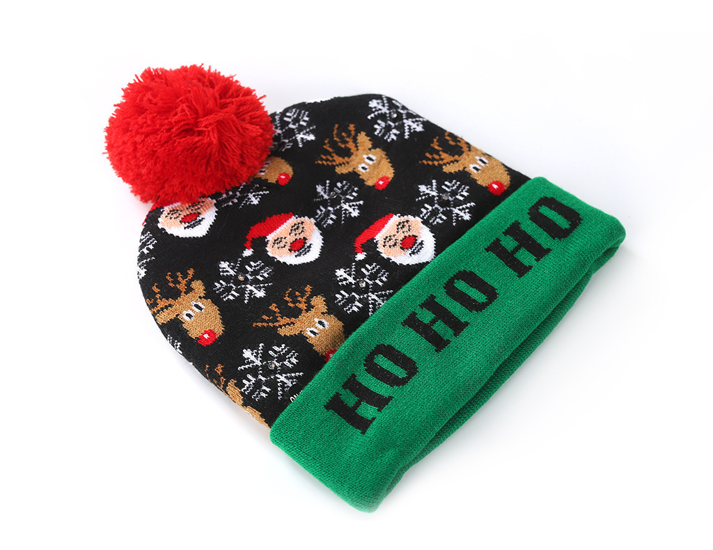 Cross-Border Autumn and Winter Fashion Christmas LED Lights Knitted Hat Colored Lights Party Warm Adult with Ball Hat Wholesale