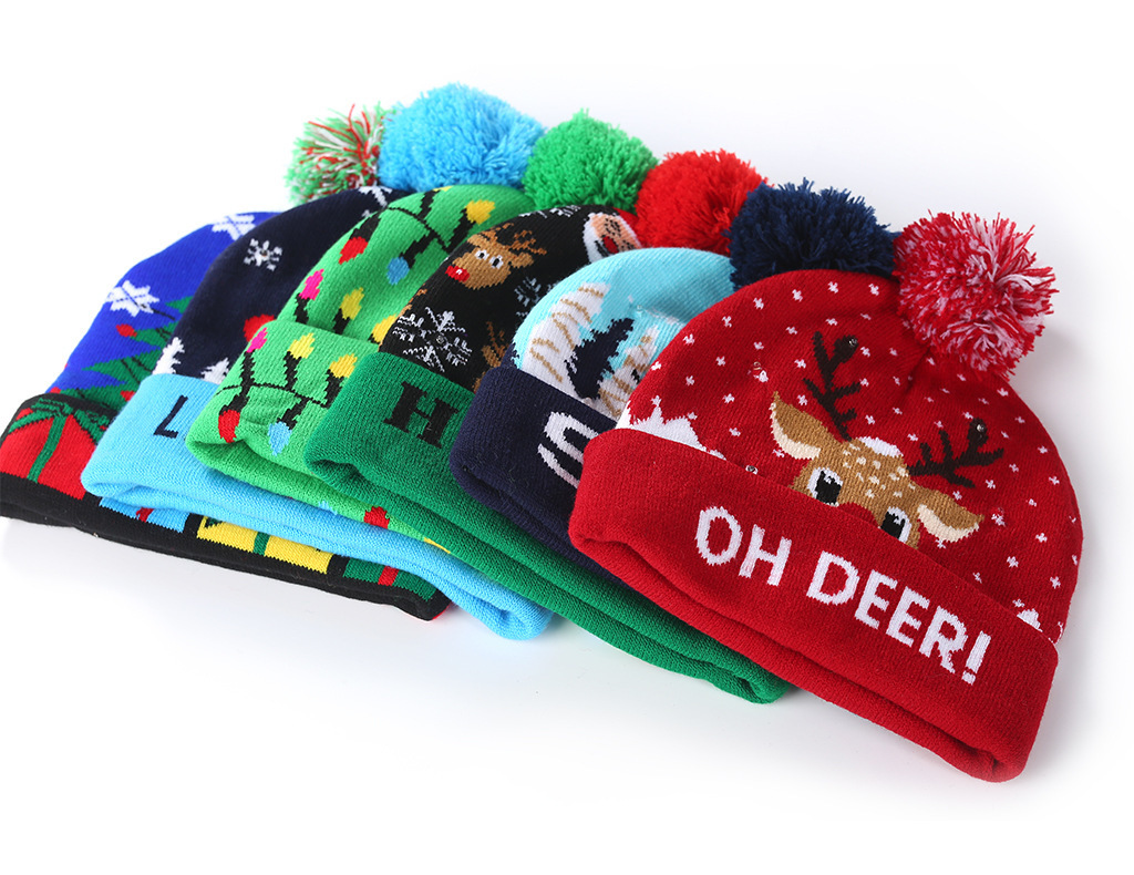 Cross-Border Autumn and Winter Fashion Christmas LED Lights Knitted Hat Colored Lights Party Warm Adult with Ball Hat Wholesale