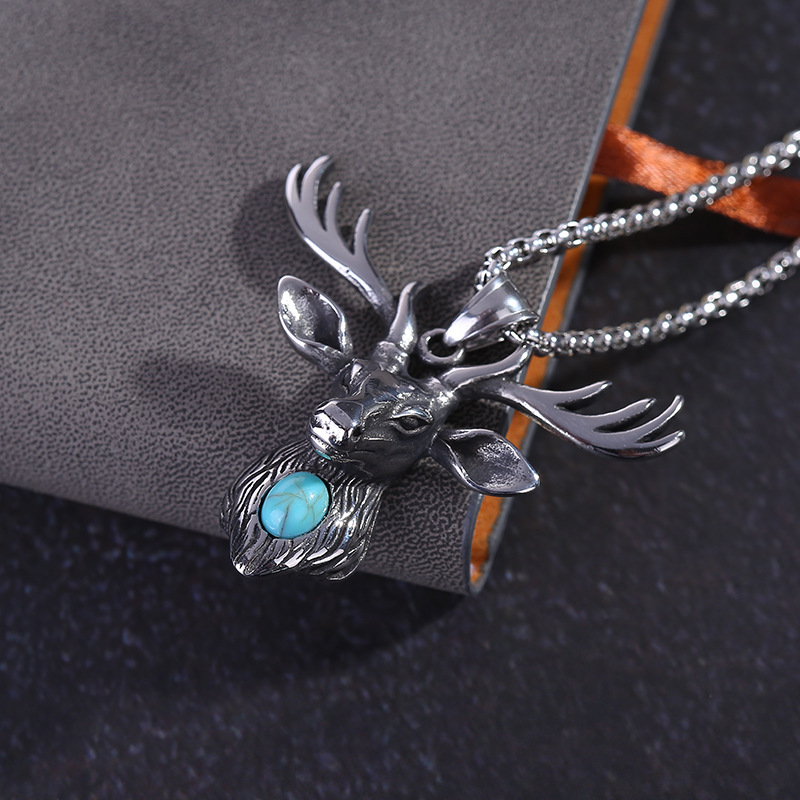 Christmas elk ornaments new men &#039;s stainless steel necklace wholesale Christmas deer head set turquoise pendant gift