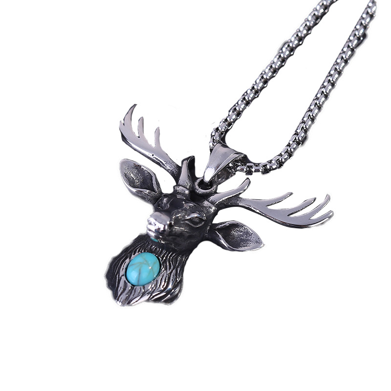 Christmas elk ornaments new men &#039;s stainless steel necklace wholesale Christmas deer head set turquoise pendant gift
