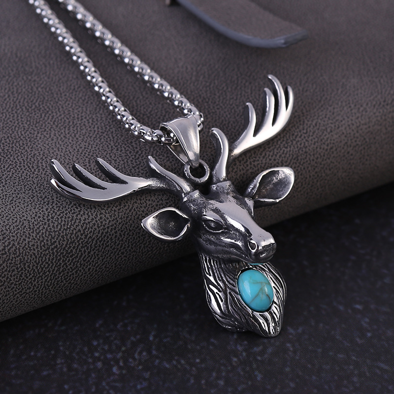 Christmas elk ornaments new men &#039;s stainless steel necklace wholesale Christmas deer head set turquoise pendant gift