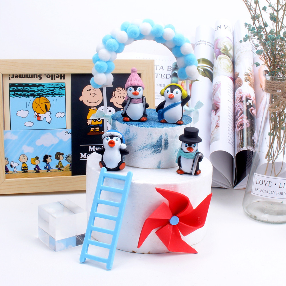 Vinyl Penguin 4-Piece Set Winter Clothes Penguin Cake Decoration Christmas Ice and Snow Theme Baking Dress up Fish Tank Decoration