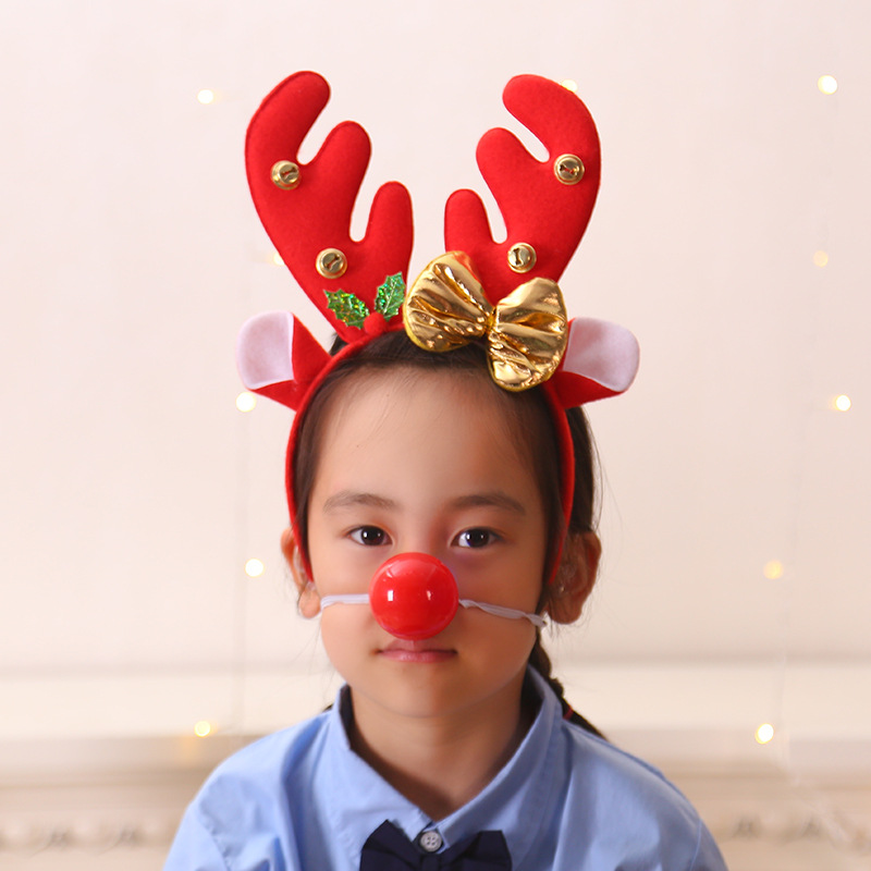 Christmas Decorations Hair-Hoop Headband Antlers Head Buckle Headdress Elk Horn Antlers Red Nose Children Dress up Shooting Props