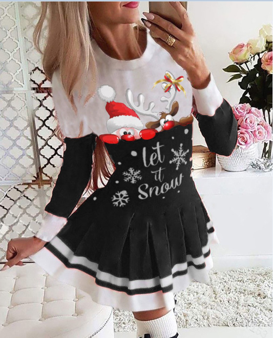 2021 Autumn and Winter Amazon European and American New Stitching Printed Pleated Skirt Christmas Dress 6 Colors 8 Yards in Stock