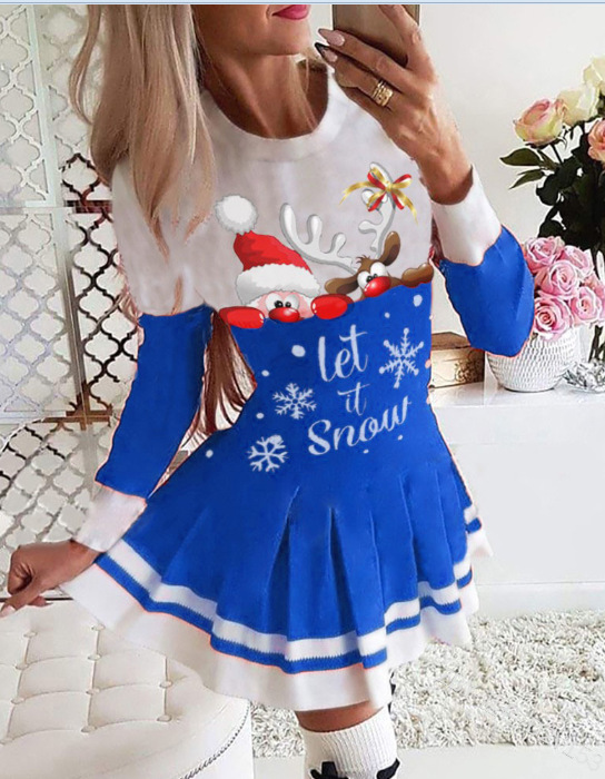 2021 Autumn and Winter Amazon European and American New Stitching Printed Pleated Skirt Christmas Dress 6 Colors 8 Yards in Stock
