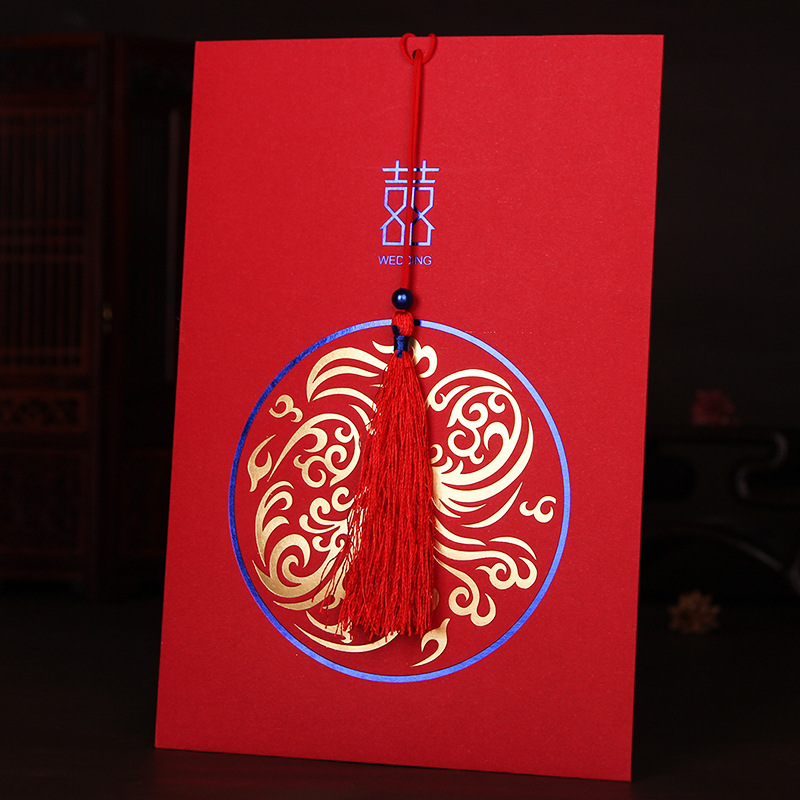 Wedding Supplies Wholesale Chinese Wedding Hot Double Color Gold Invitation Card Wedding Creative Vertical Tassel Invitation Card Wedding Invitation
