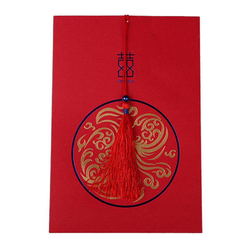 Wedding Supplies Wholesale Chinese Wedding Hot Double Color Gold Invitation Card Wedding Creative Vertical Tassel Invitation Card Wedding Invitation