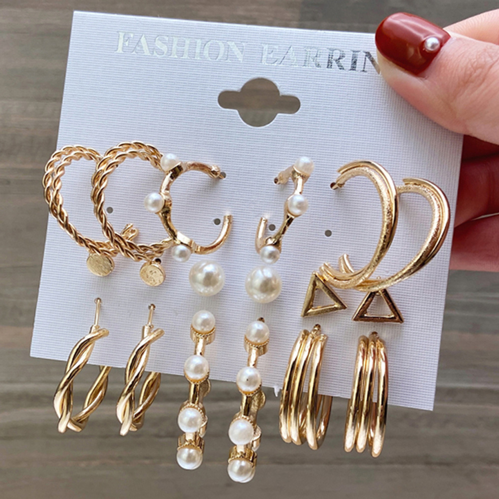 Europe and America Cross Border Bohemian Earrings Exaggerated C- Shaped Temperament Pearl Pendant Earrings Triangle Diamond 9-Piece Set ·