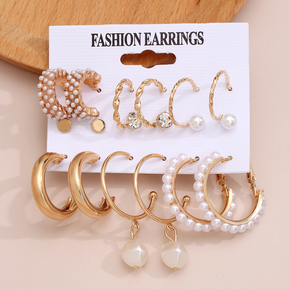 Europe and America Cross Border Bohemian Earrings Exaggerated C- Shaped Temperament Pearl Pendant Earrings Triangle Diamond 9-Piece Set ·