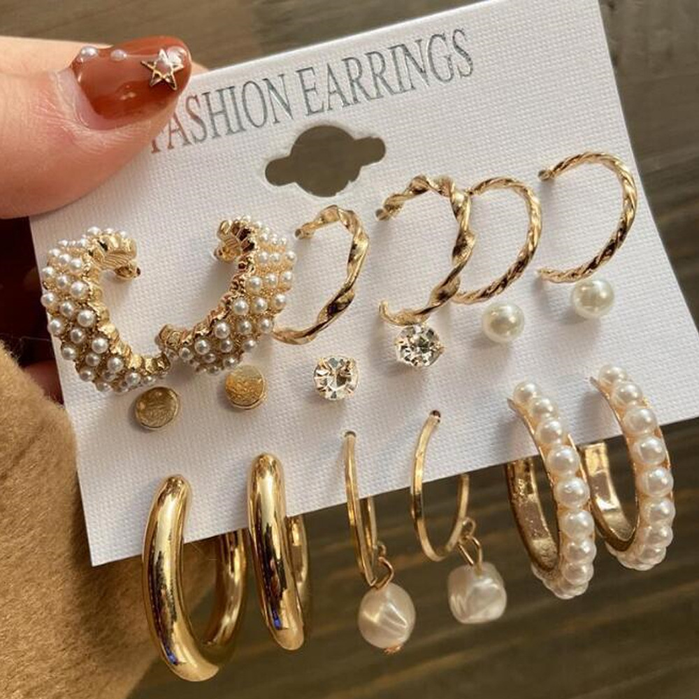 Europe and America Cross Border Bohemian Earrings Exaggerated C- Shaped Temperament Pearl Pendant Earrings Triangle Diamond 9-Piece Set ·
