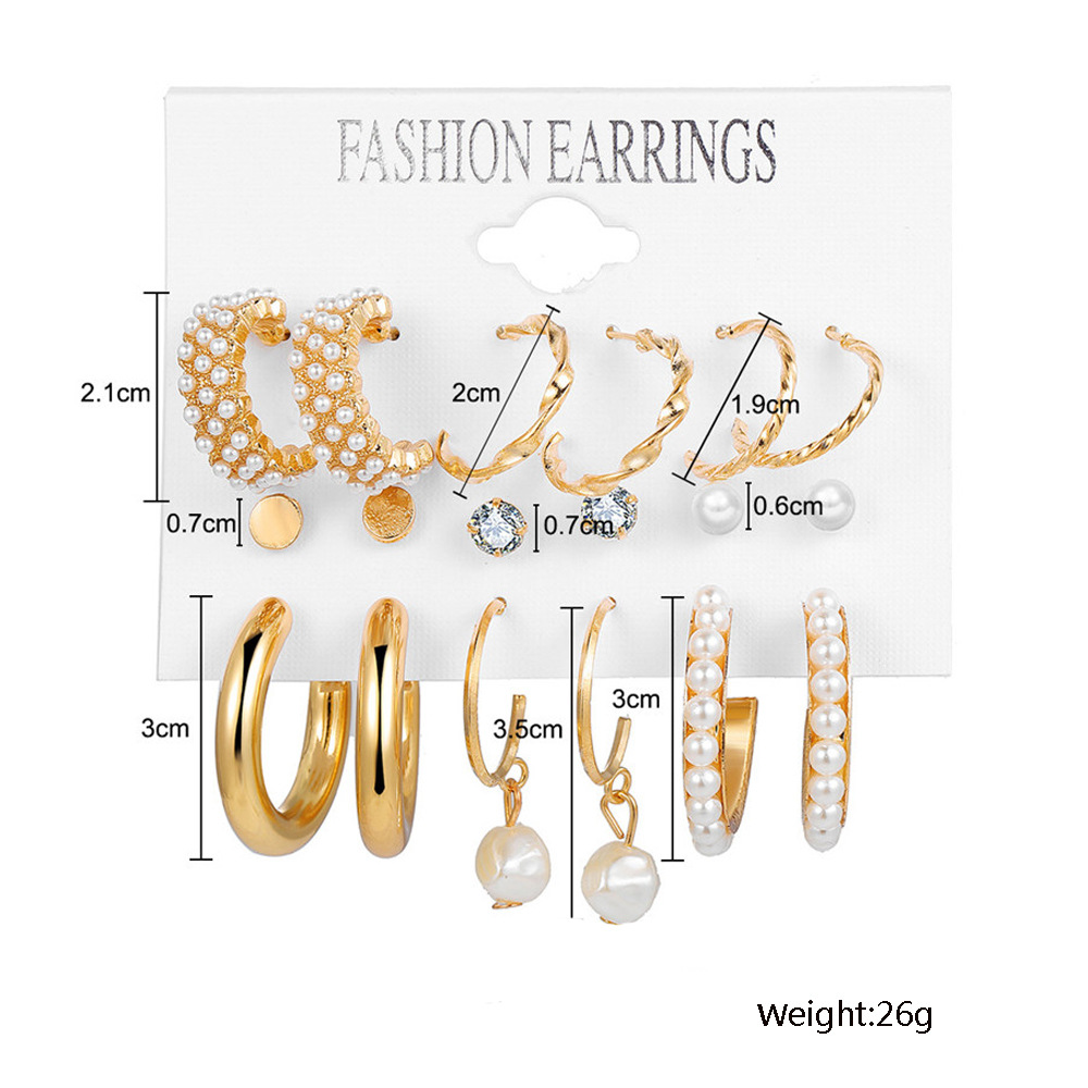 Europe and America Cross Border Bohemian Earrings Exaggerated C- Shaped Temperament Pearl Pendant Earrings Triangle Diamond 9-Piece Set ·