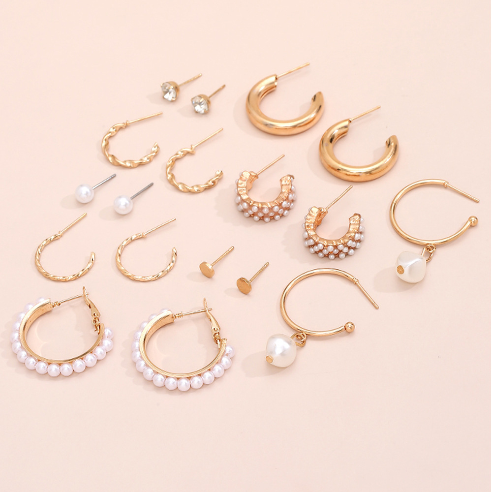 Europe and America Cross Border Bohemian Earrings Exaggerated C- Shaped Temperament Pearl Pendant Earrings Triangle Diamond 9-Piece Set ·