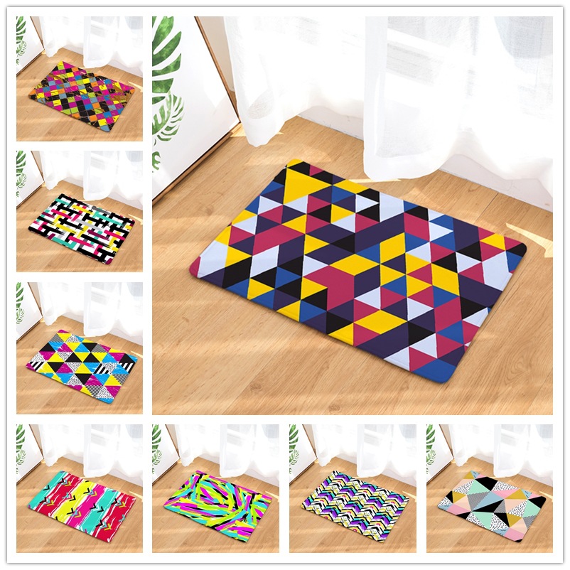 Amazon Cross-Border Flannel Watercolor Triangle Geometric Living Room Bedroom Non-Slip Floor Mat One Piece Dropshipping Processing Wholesale