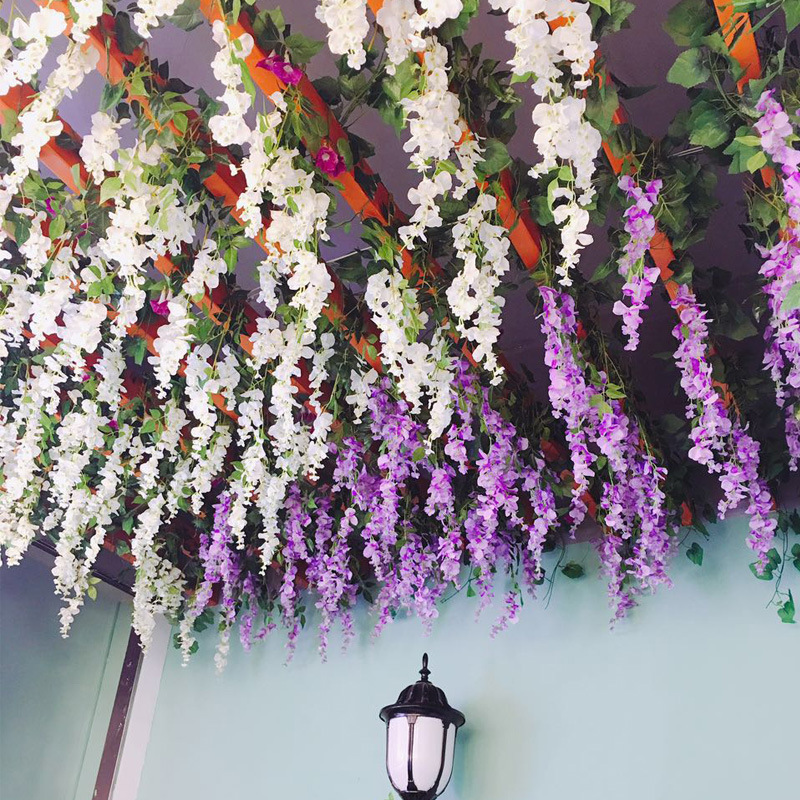 Artificial Wisteria Violet Plastic Silk Flower Decorative Vine Plant Ceiling Fake Flower for Wedding Rattan Green Plant Balcony