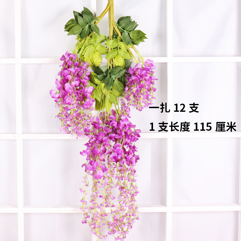 Artificial Wisteria Violet Plastic Silk Flower Decorative Vine Plant Ceiling Fake Flower for Wedding Rattan Green Plant Balcony