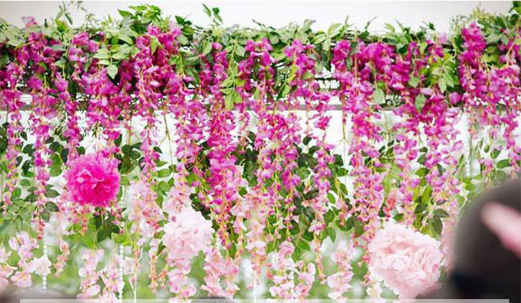 Artificial Wisteria Violet Plastic Silk Flower Decorative Vine Plant Ceiling Fake Flower for Wedding Rattan Green Plant Balcony